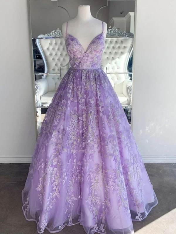 ball gown evening dress-Gorgeous V Neck Backless Beaded Purple Lace Long Prom, Lilac Lace Formal, Purple Evening