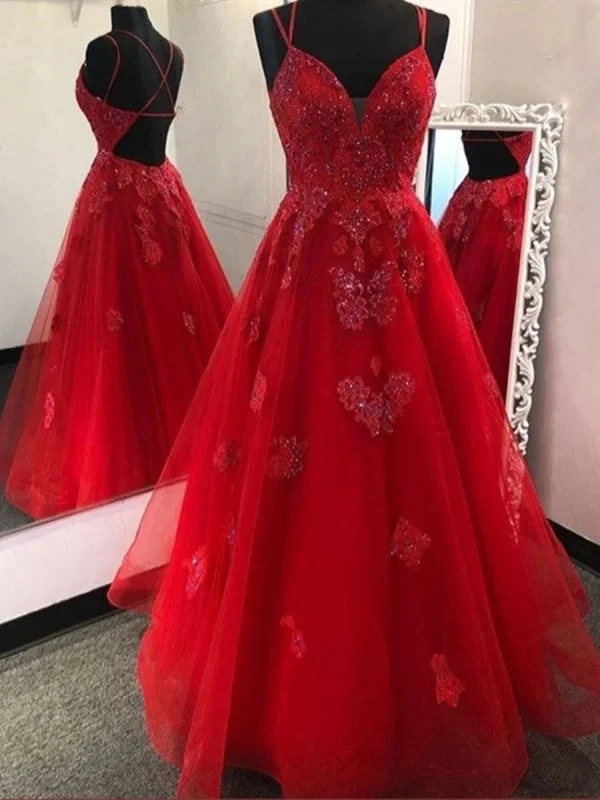 flared evening dress-Gorgeous V Neck Backless Red Lace Appliques Prom Dresses, Backless Red Lace Formal Dresses, Red Lace Evening Dresses, Red Ball