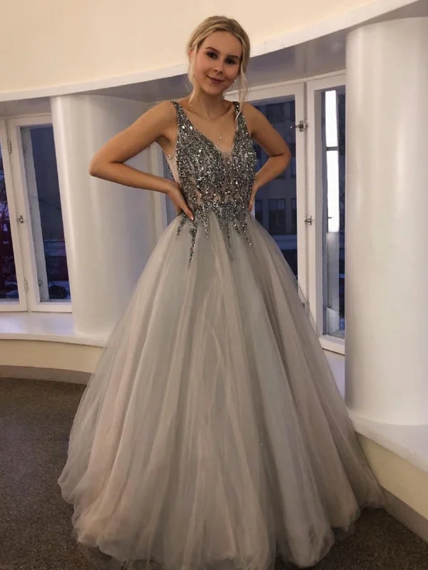 mermaid evening gown-Gorgeous V Neck Beaded Silver Grey Long Prom, Silver Grey Beaded Formal Graduation Evening