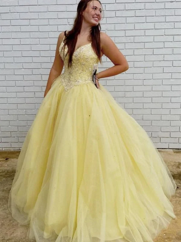 spaghetti strap evening gown-Gorgeous V Neck Beaded Yellow Long Prom Dresses, V Neck Yellow Formal Dresses, Yellow Evening Dresses, Ball