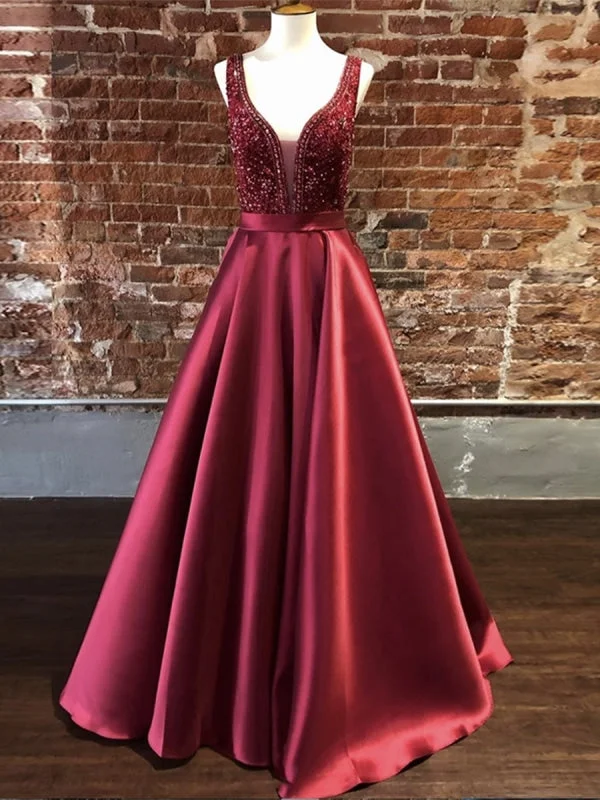 elegant evening gown with beads-Gorgeous V Neck Burgundy Long Prom with Beadings, Burgundy Formal, Evening