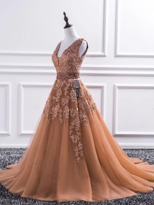 flared evening dress-Gorgeous V Neck Champagne Lace Long Prom, Champagne Lace Formal, Champagne Evening