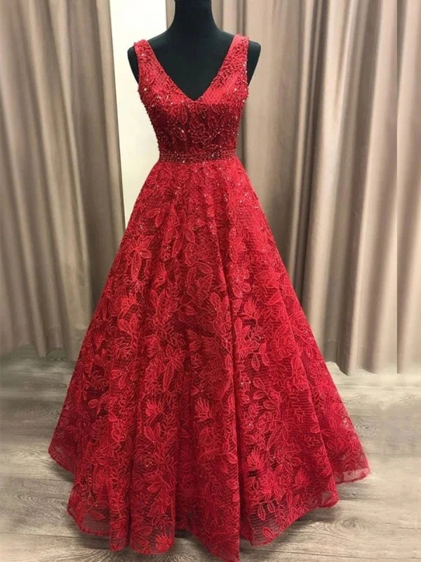 evening dress for black-tie events-Gorgeous V Neck Long Burgundy Lace Prom, Burgundy Lace Formal Graduation Evening