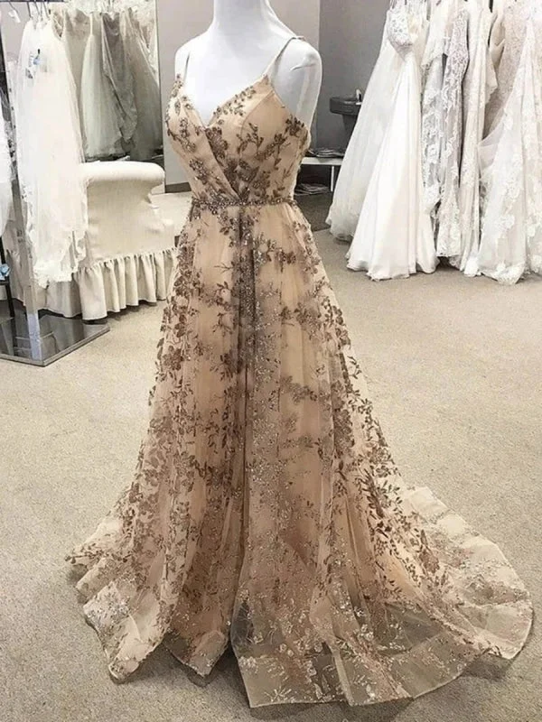 evening dress with blouson top-Gorgeous V Neck Long Champagne Lace Prom, Champagne Lace Formal Graduation Evening