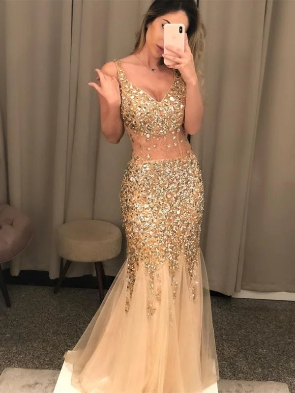 classic black evening gown-Gorgeous V Neck Mermaid Golden Long Prom with Rhinestones, Mermadi Golden Formal, Golden Evening