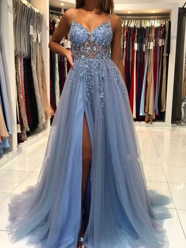 sheer sleeve evening gown-Gorgeous V Neck Open Back Smoky Gray Beaded Long Prom, High Slit Smoky Grey Long Formal Evening