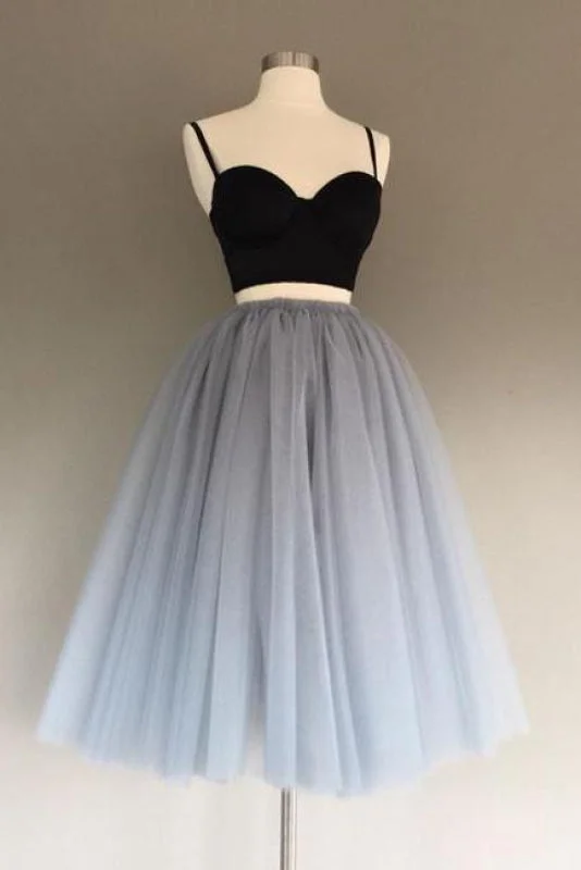 high neck formal evening gown-Graceful Fascinating Two Piece Spaghetti Straps A-Line Gray Homecoming Dress Sweetheart Tulle Prom Dresses