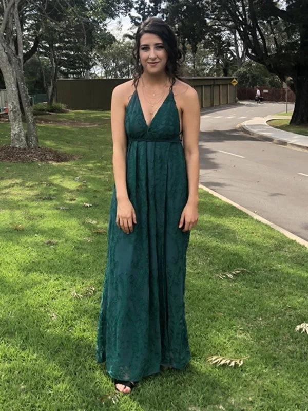 fit and flare evening dress-Green A Line V Neck Backless Lace Prom with High Slit, Backless Green Lace Formal Graduation Evening