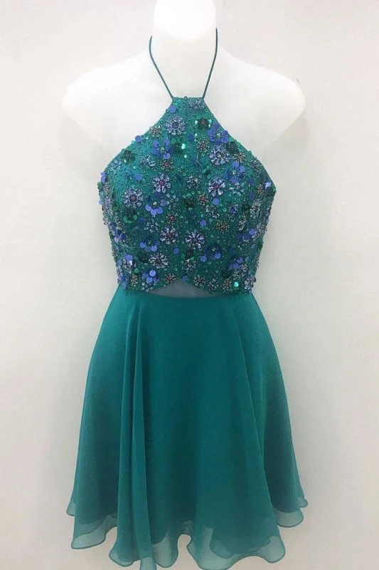 elegant evening gown with beads-Green Halter Chiffon Short Beading Homecoming Dress Mini Cute Prom Dresses