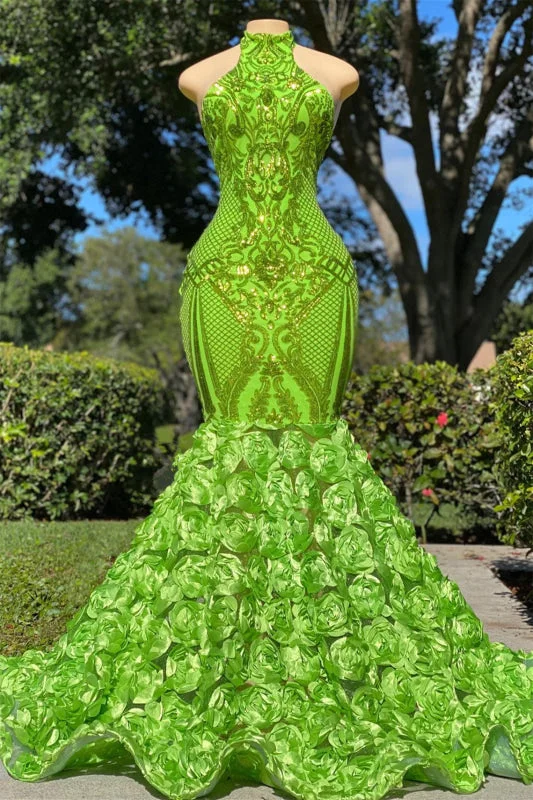 shimmering evening gown-Green Halter Open-Back Sleeveless Mermaid Prom Dress with Flower Appliqu¨¦s