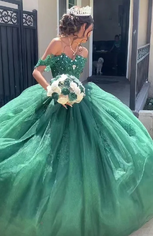 long sleeve evening gown-Green Prom Dresses Pageant Gown Off Shoulder