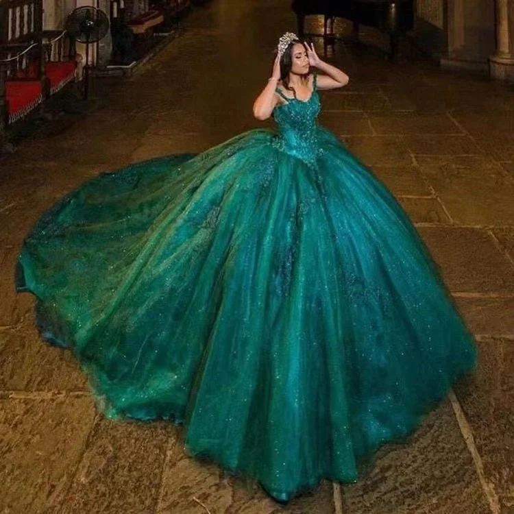 layered evening dress-Green Prom Dresses Pageant Gown Sparkly Tulle