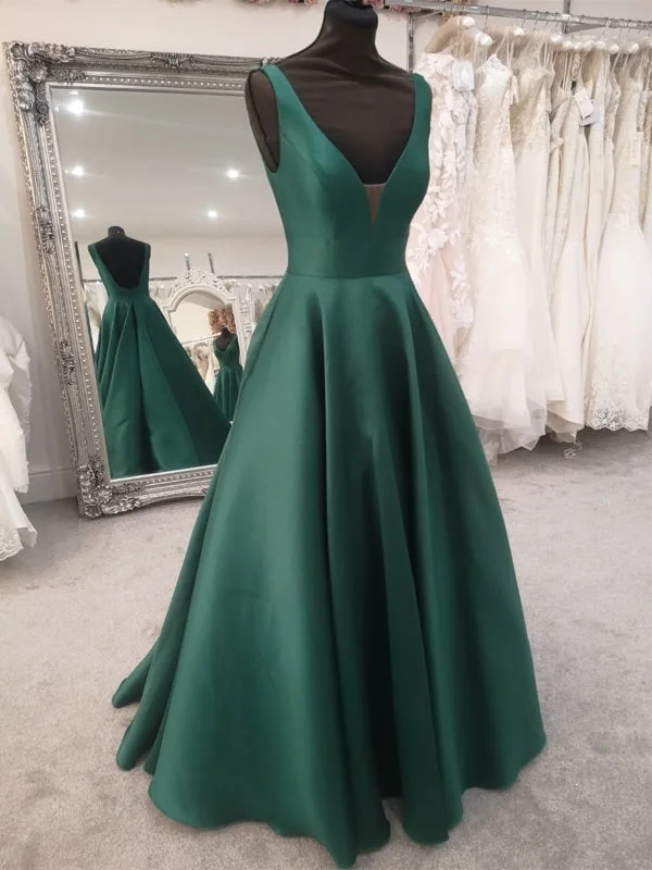 layered evening dress-Green Satin V Neck Open Back Long Prom Dresses, V Neck Green Formal Evening Dresses