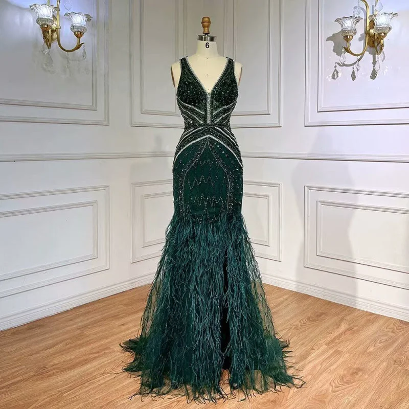 elegant long sleeve evening dress-Green Sequin Prom Dress, Beaded V-Neck Long with Feather