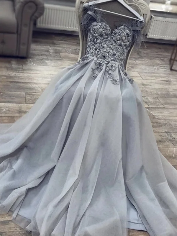 evening dress for prom-Grey Tulle Sweetheart Neck Lace Floral Long Prom, Grey Lace Floral Formal, Grey Evening