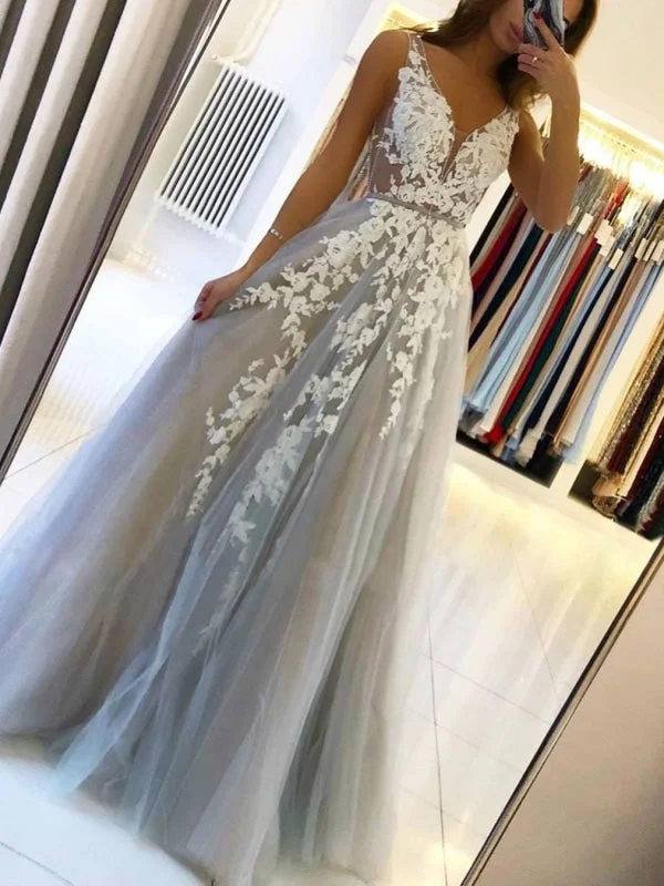 black lace evening dress-Grey Tulle V Neck White Lace Floral Long Prom, Long Grey Lace Formal Graduation Evening