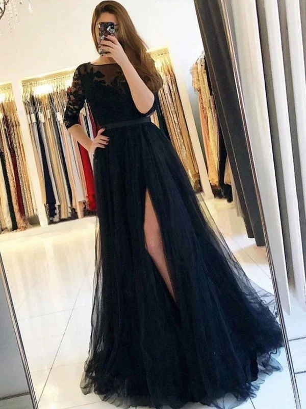 evening dress for prom-Half Sleeves Open Back Black Lace Long Prom Dresses with High Slit, Black Lace Formal Dresses, Black Evening Dresses