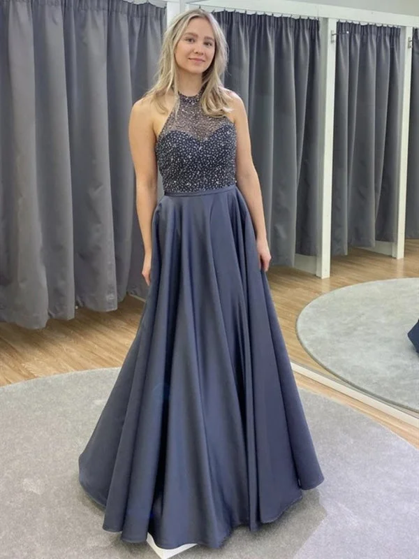 pleated evening gown-Halter Neck Backless Gray Beaded Long Prom, Backless Beaded Gray Formal Evening