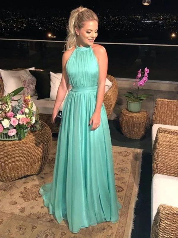 elegant cocktail evening dress-Halter Neck Backless Green Long Promes, Open Back Long Green Formal Evening