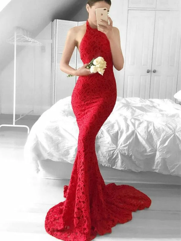 evening dress with bow detail-Halter Neck Backless Mermaid Red Lace Long Prom Dresses, Mermaid Red Formal Dresses, Red Lace Evening Dresses