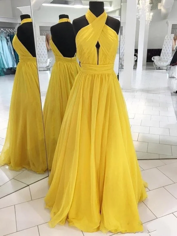 deep V-neck evening gown-Halter Neck Backless Yellow Long Prom Dresses, Open Back Yellow Formal Dresses, Yellow Evening Dresses