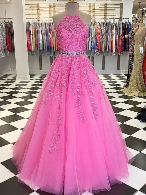 sweetheart neckline evening dress-Halter Neck Long Pink Lace Prom with Belt, Pink Lace Formal, Pink Evening