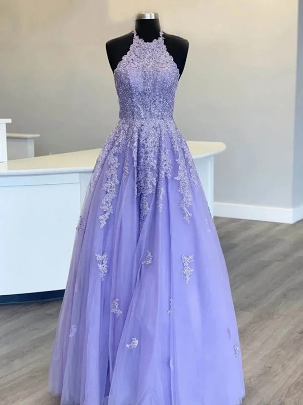 evening dress with mesh overlay-Halter Neck Long Purple Lace Prom, Purple Lace Formal Graduation Evening