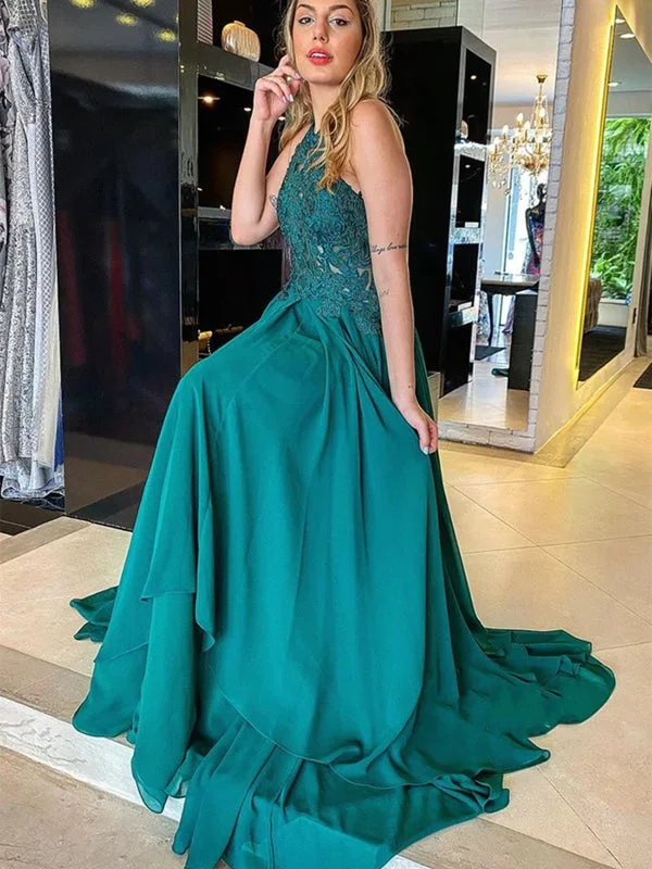 draped evening gown-Halter Neck Open Back Green Lace Long Prom Dresses, Green Chiffon Lace Formal Graduation Evening Dresses