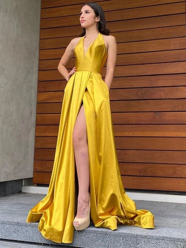 asymmetrical evening gown-Halter V Neck Backless Yellow Long Prom Dresses with High Slit, Backless Yellow Formal Graduation Evening Dresses