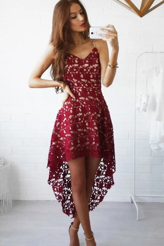 mermaid evening dress-High-low Burgundy V-neck Straps Homecoming Asymmetrical Lace Short Prom Dress