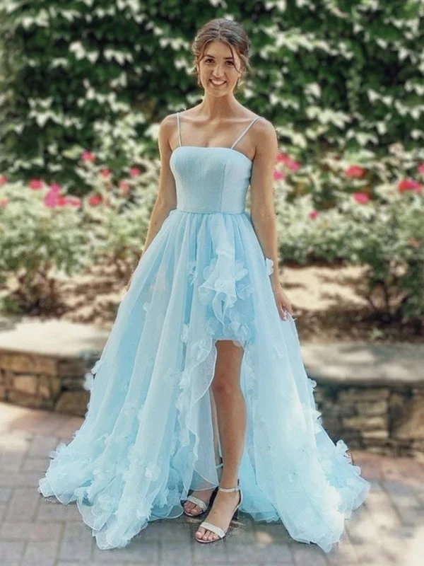 elegant lace overlay evening gown-High Low Light Blue Floral Long Prom, High Low Blue Formal Evening