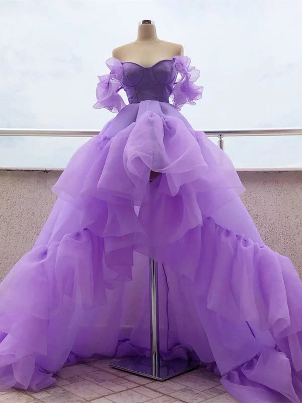 floor-length evening gown-High Low Off Shoulder Purple Tulle Long Prom Dresses, High Low Purple Formal Dresses, Long Purple Evening Dresses