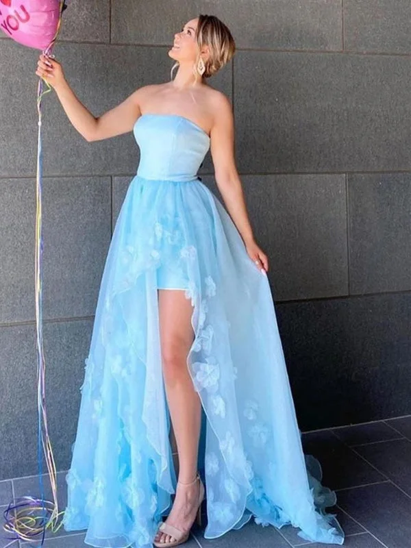 sheer back evening dress-High Low Strapless Light Blue Floral Long Prom with Slit, High Slit Light Blue Formal Evening