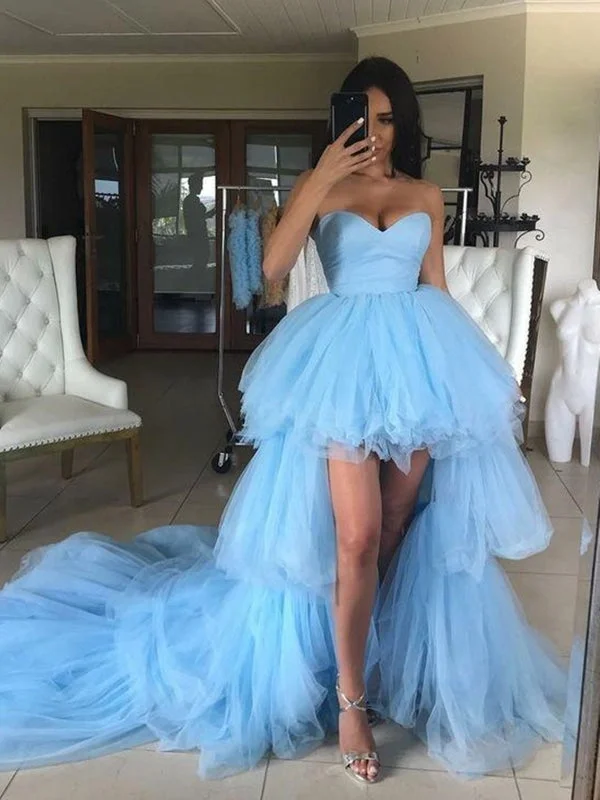 high-low evening gown-High Low Strapless Light Blue Tulle Long Prom with Train, High Low Light Blue Formal Evening