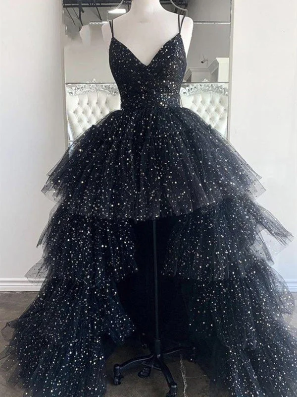 elegant formal black evening gown-High Low V Neck Black Tulle Long Prom, High Low Black Formal Evening