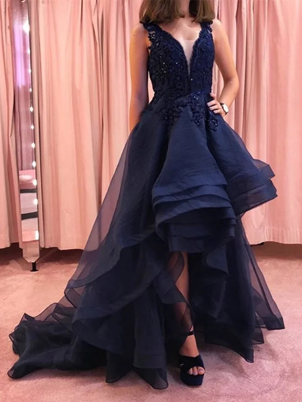 lace evening dress-High Low V Neck Lace Navy Blue Long Prom, V Neck High Low Lace Dark Blue Formal, High Low Navy Blue Lace Evening