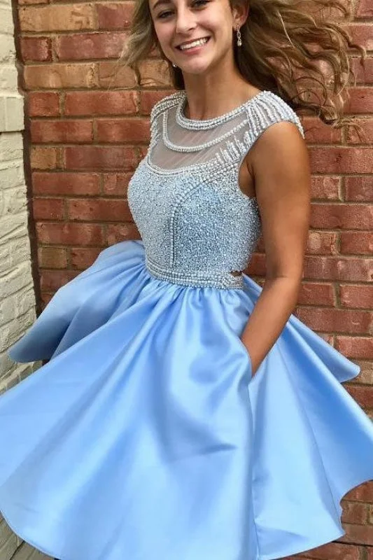 sequined formal evening dress-Ice Blue Beading Satin Sleeveless Open Back Homecoming Dress Sparkly Prom Gown with Pockets