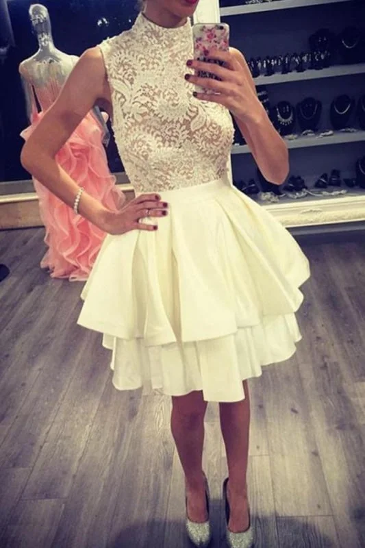 evening dress with embroidery-Ivory High Neck Satin Homecoming with Lace Short Two Layers Prom Dress