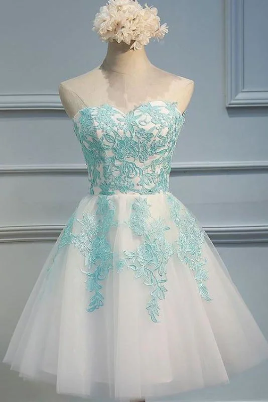 draped evening gown-Ivory Sweetheart Homecoming with Mint Appliques Strapless Tulle Short Party Dress