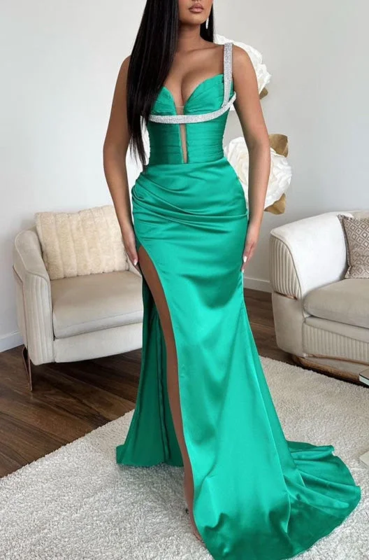 jewel neckline evening dress-Jade Sleeveless Spaghetti-Strap V-Neck Mermaid Prom Dress with High Slit