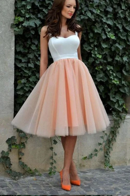 satin evening dress-Knee Length Sweetheart Straps Tulle Homecoming Cheap Short Prom Dress