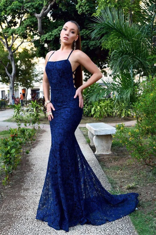 evening dress for black-tie events-Lace Mermaid Evening Dress in Navy Blue