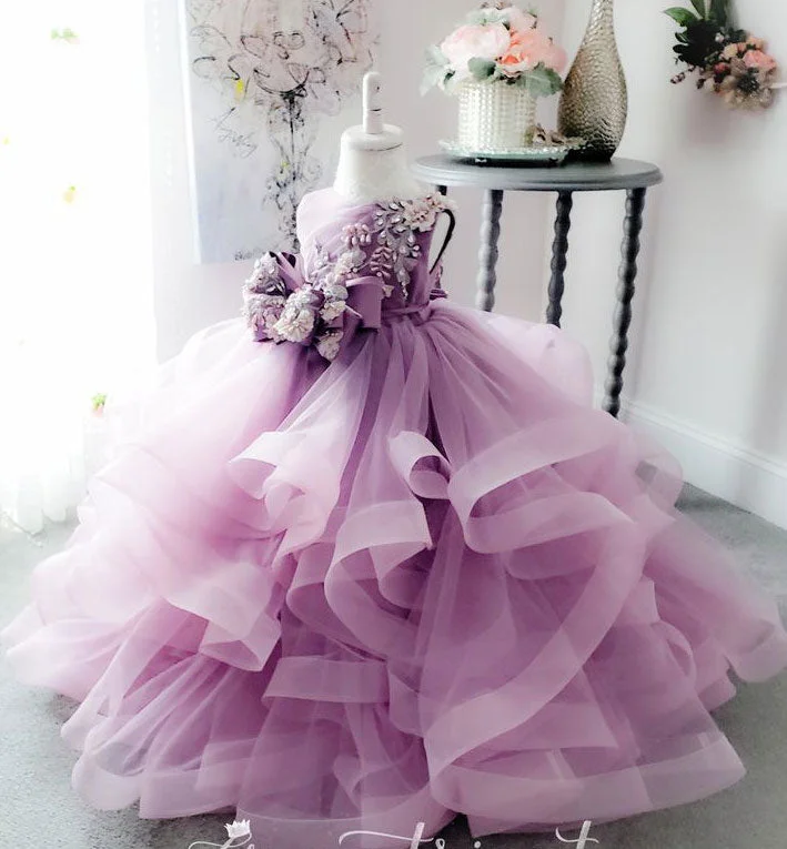 long sleeve evening gown-Lanvender Ball Gown Pageant Dresses Birthday Dress with Bowknot Flower Girl Dresses