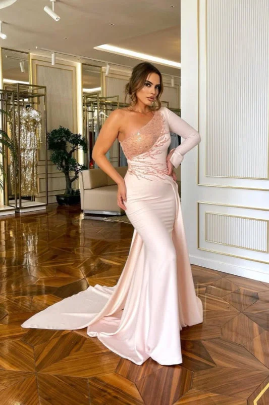 sparkly evening gown-Light Pink One-Shoulder Long Mermaid Prom Dress with Sequin Appliqu¨¦