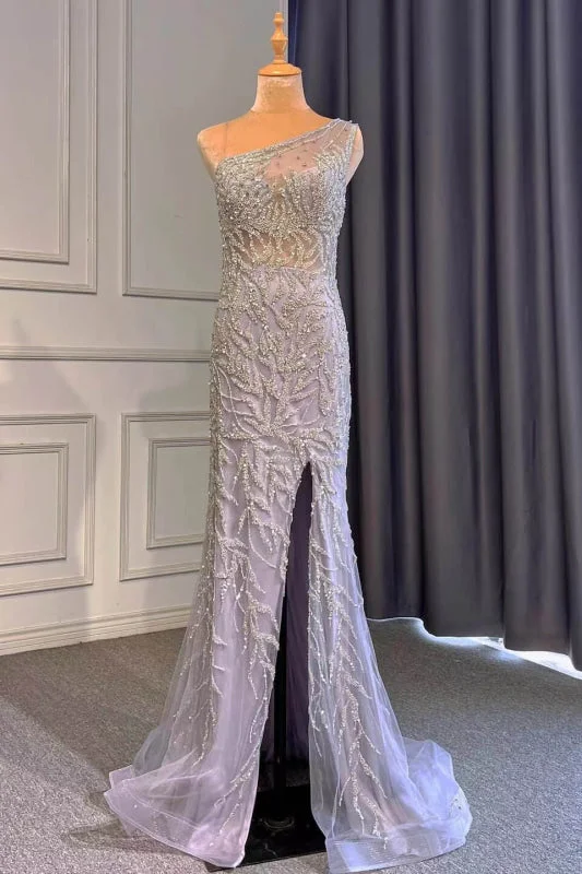 high slit evening dress-Light Purple Front Split One-Shoulder Beaded Mermaid Prom Dress with Long Ruffles