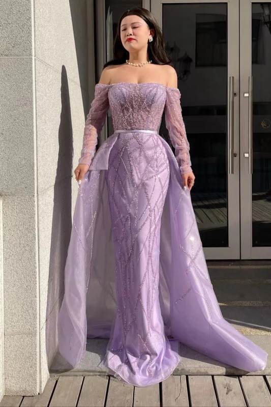 elegant evening wear-Lilac Off-the-Shoulder Long Sleeve Tulle Mermaid Prom Dress with Beads