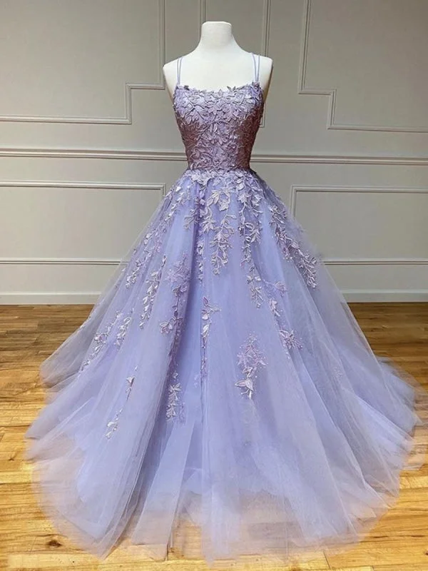 evening dress with sleeves and lace-Long Backless Purple Lace Prom, Purple Lilac Lace Formal Graduation Evening