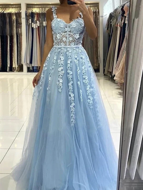 beaded evening dress-Long Light Blue Lace Floral Prom with Straps, Light Blue Lace Formal Graduation Evening