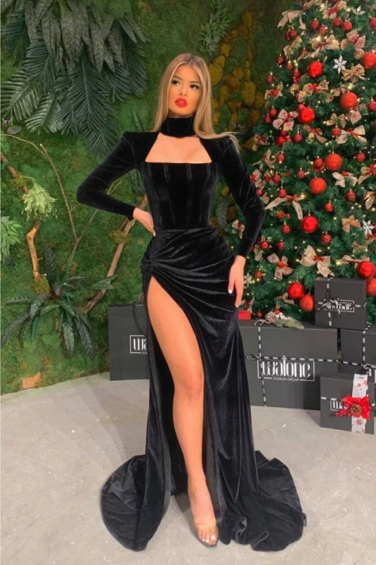 deep V-neck evening gown-Long-Sleeve Black Velvet Prom Dress with High Halter Slit