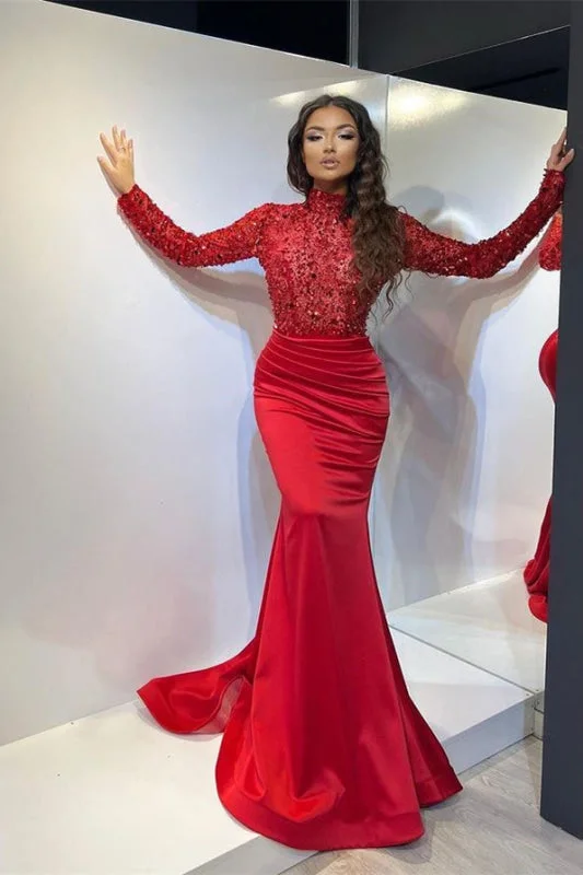 elegant evening gown with beads-Long-Sleeved Mermaid Prom Gown with Beautiful Pleating